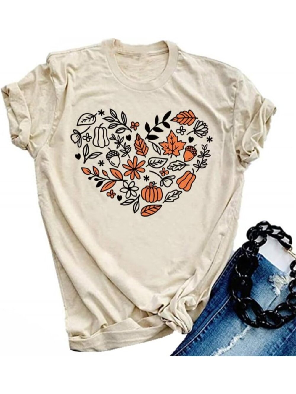 🆕 Women's Beige Fall Heart Pumpkin Autumn Leaves Acorn Graphic Tee Shirt Top
